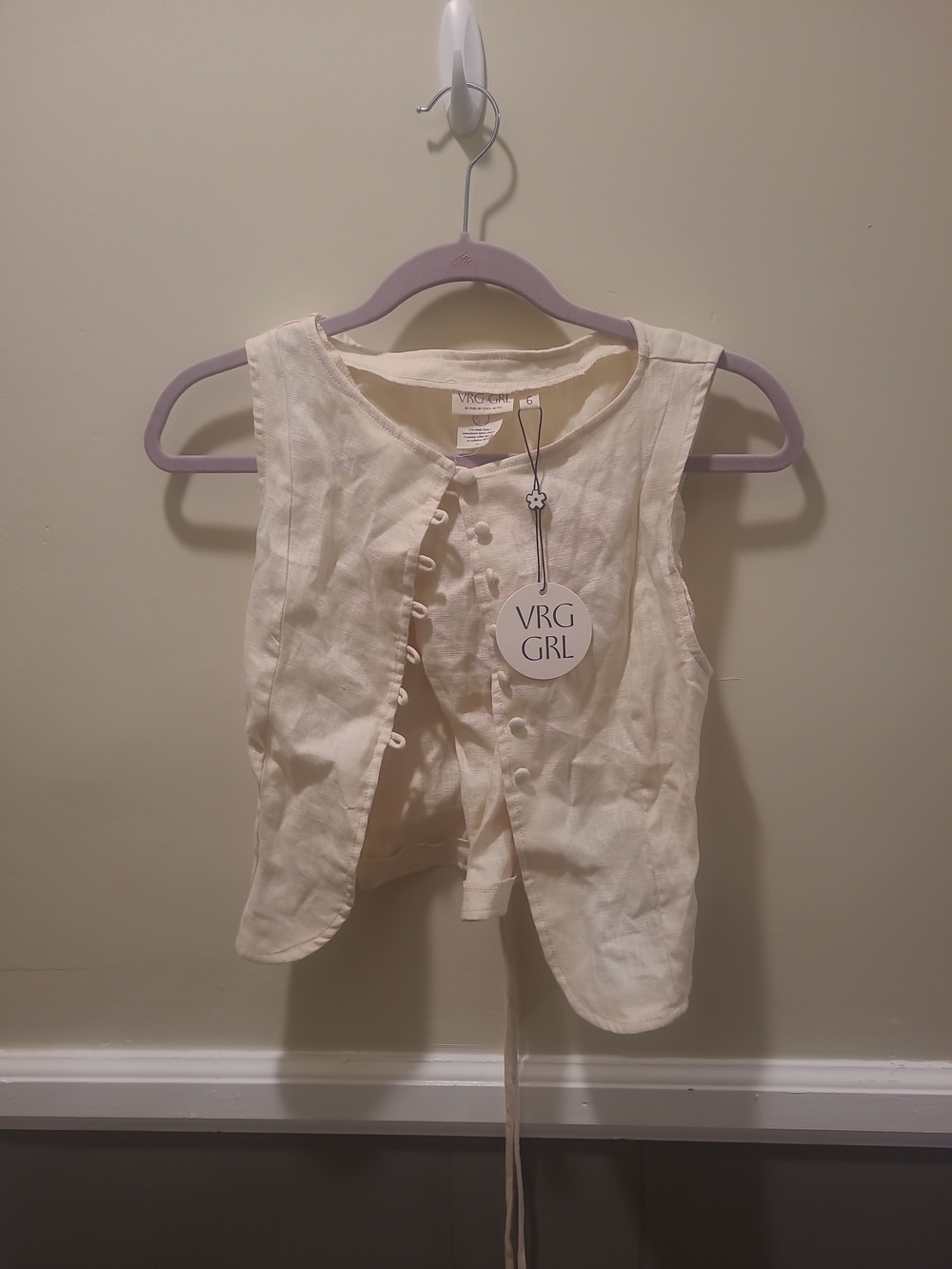 VRG GRL Women's Beige 100% Linen Sleeveless Button-Down Vest Sz 6 NWT